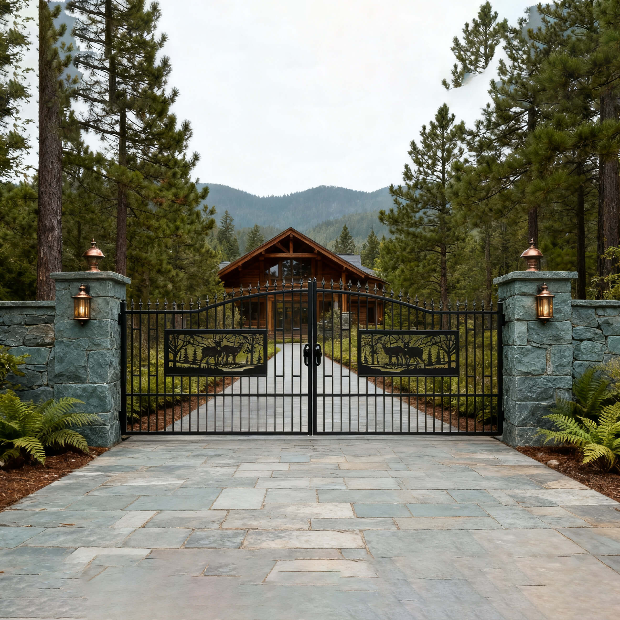 black wrought-iron bi-parting driveway gate with decorative wildlife panels set between stone pillars leading to a wooden cabin in a forested mountain landscape