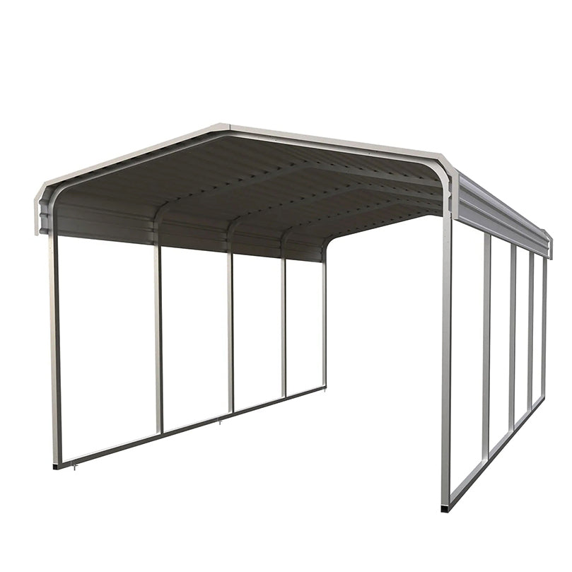 Open steel carport frame with a curved metal roof and tall vertical support posts.