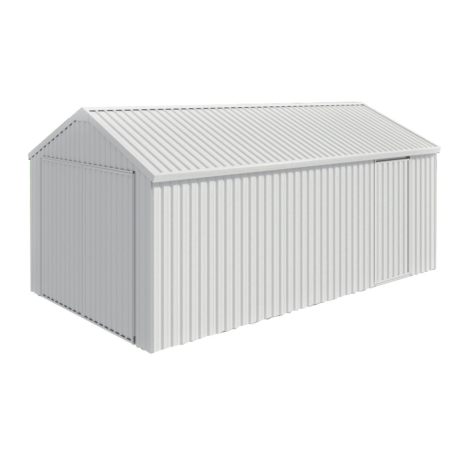 12×20FT enclosed metal garage with a gable roof, corrugated steel panels, a sliding front door, and a side entrance door.