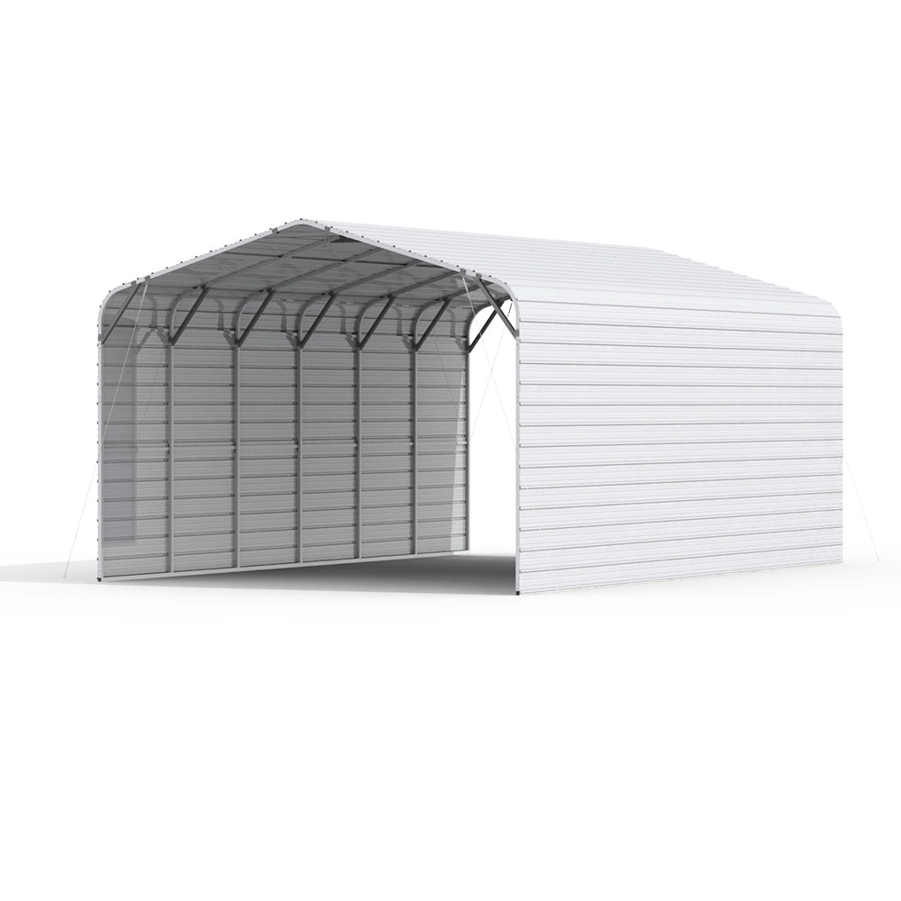 20×30 ft metal garage with enclosed back wall and open front entrance.