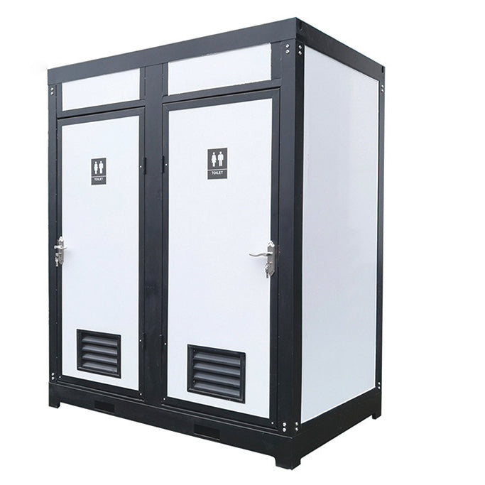 compact two-person portable toilet unit with dual white doors, black frame, and vented panels