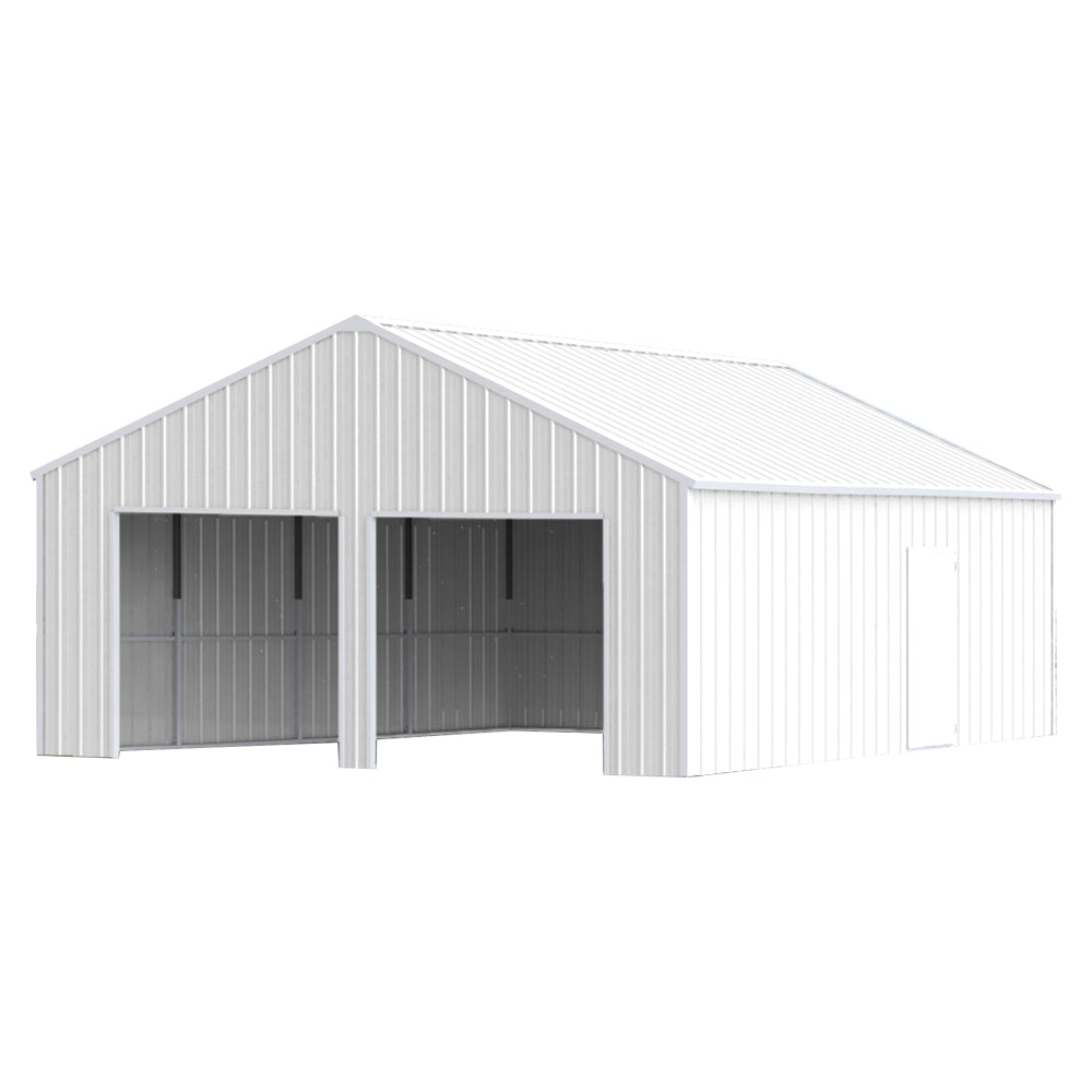 Steel double-garage barn shed with two open bays and a side entrance, shown in light gray.