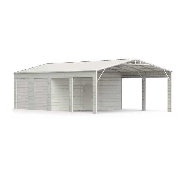 23x46FT metal garage with two roller doors and an open carport bay.