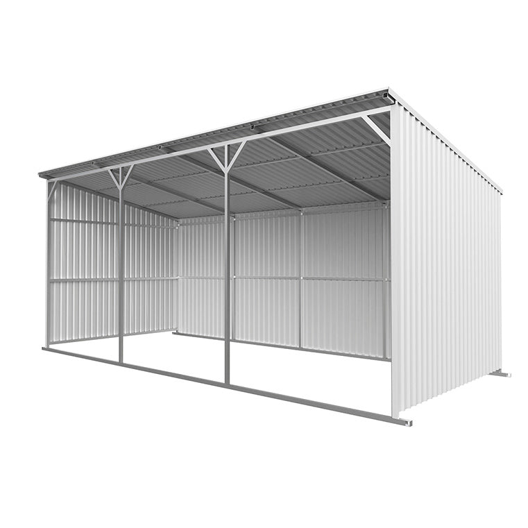 25×12FT open-front livestock metal shed with corrugated steel walls and a reinforced roof frame.