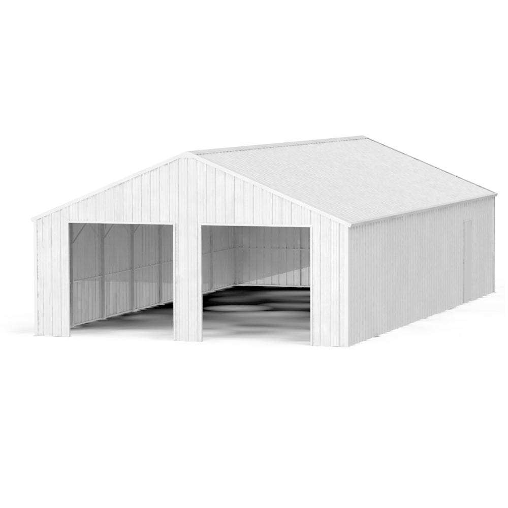 White metal garage with open doors on and enclosed steel siding on all sides.