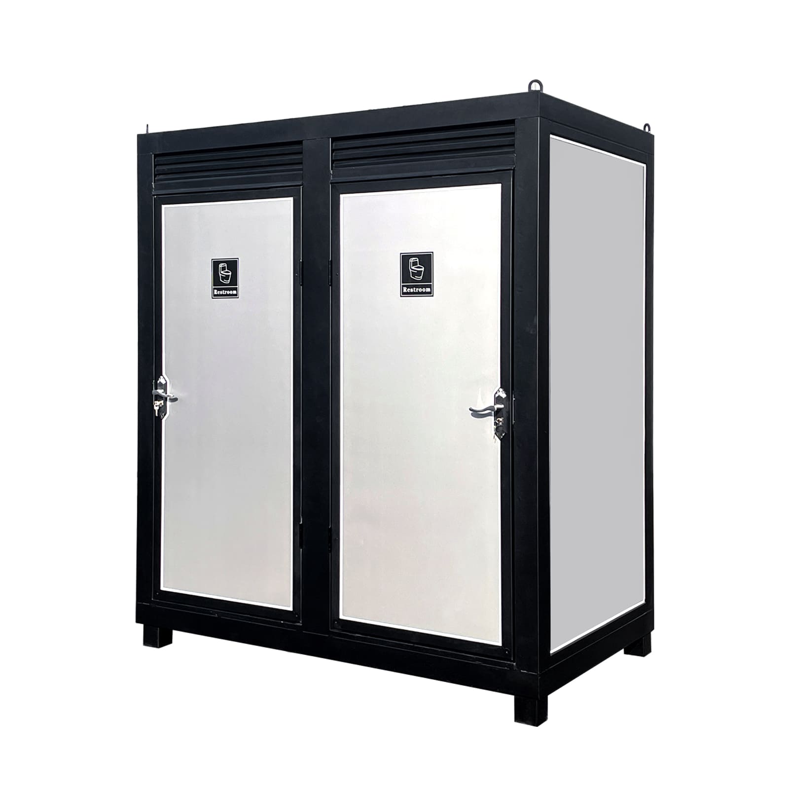 Black metal storage locker with white doors on a white background