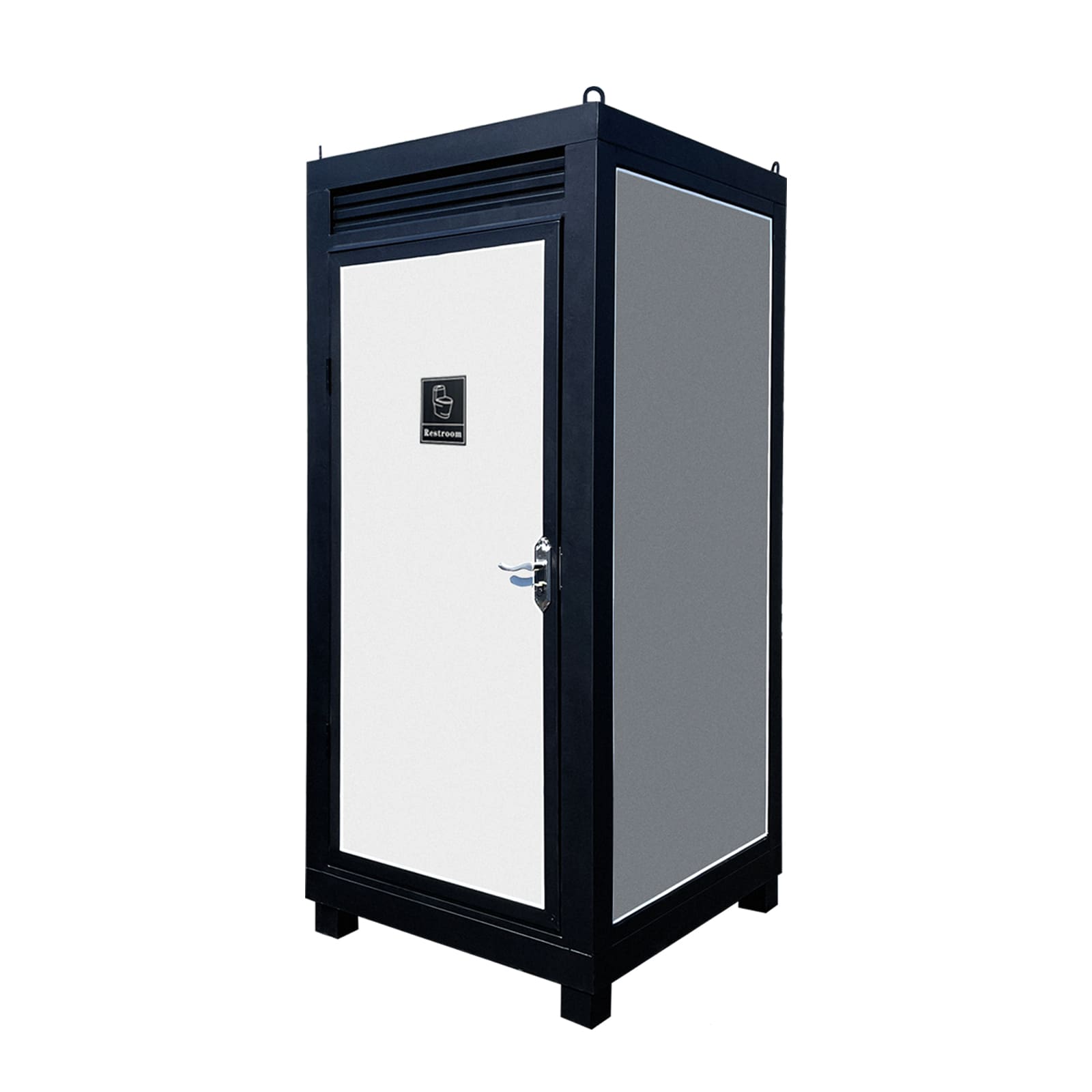 Black and white cabinet with a visible brand logo on a white background