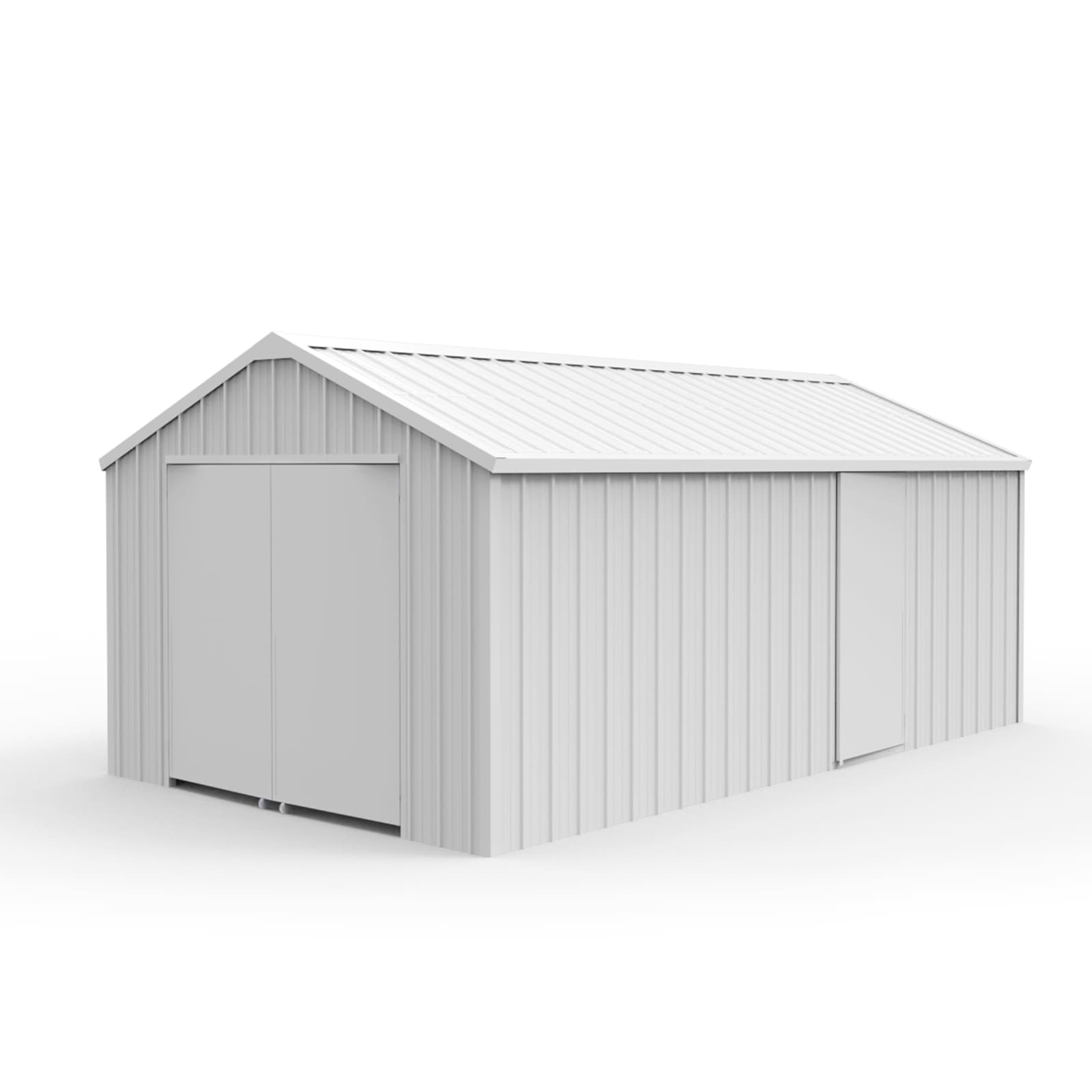 Metal storage shed with a white roof on a white background