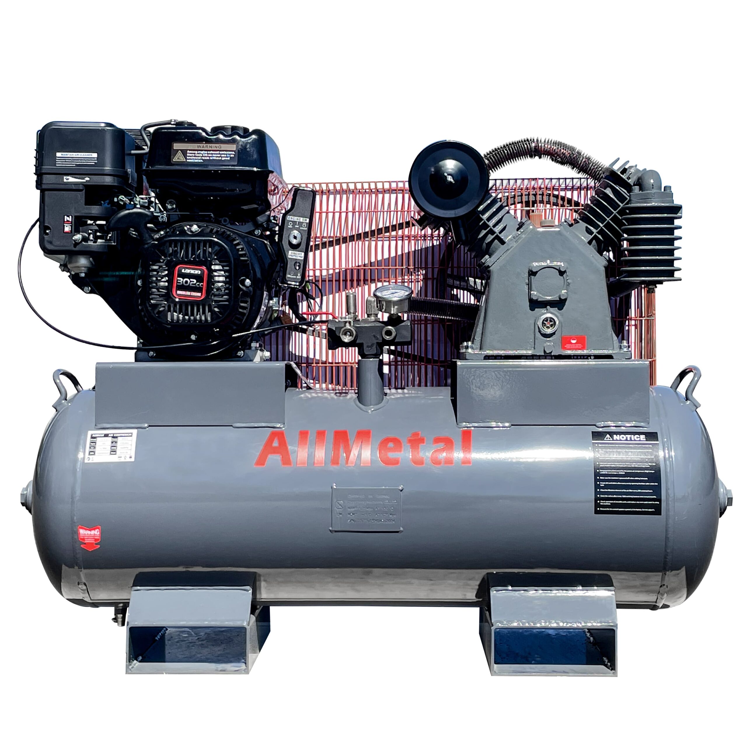 Air compressor with 'AllMetal!' branding on a white background