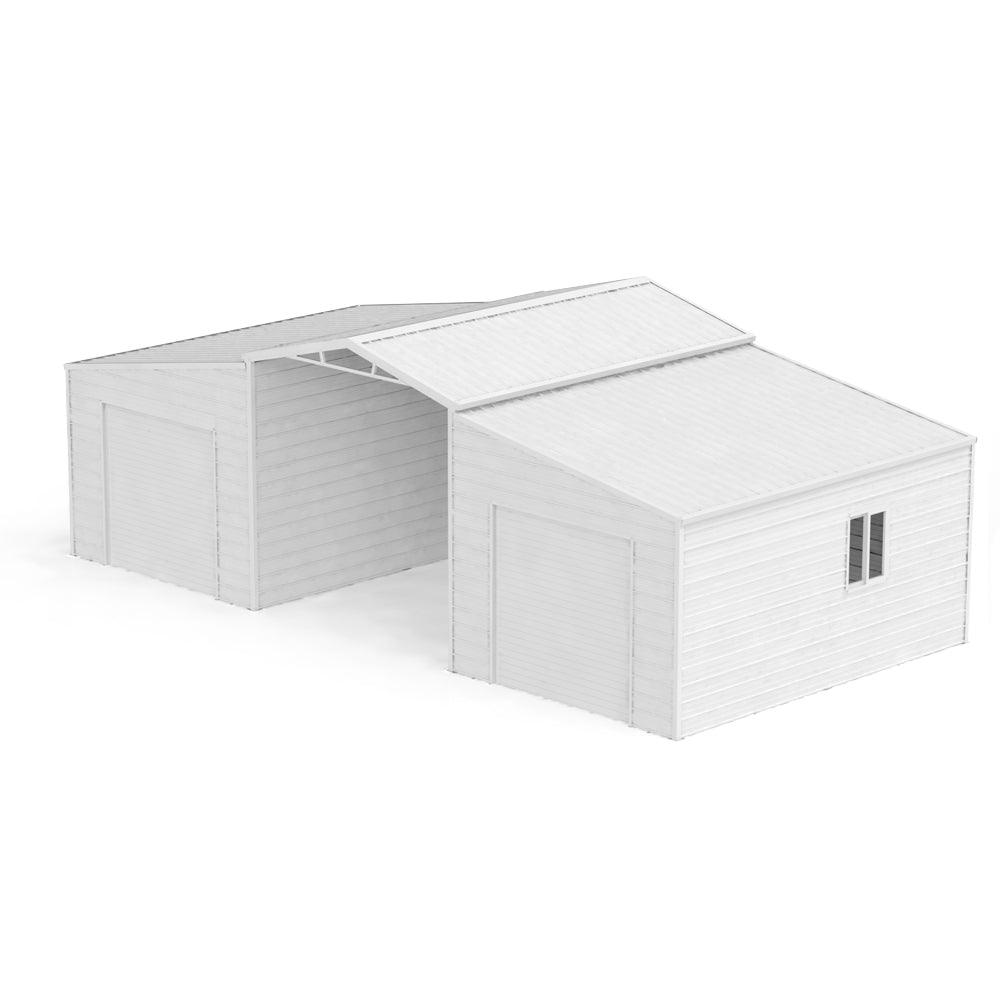 White metal storage shed with a slanted roof on a white background