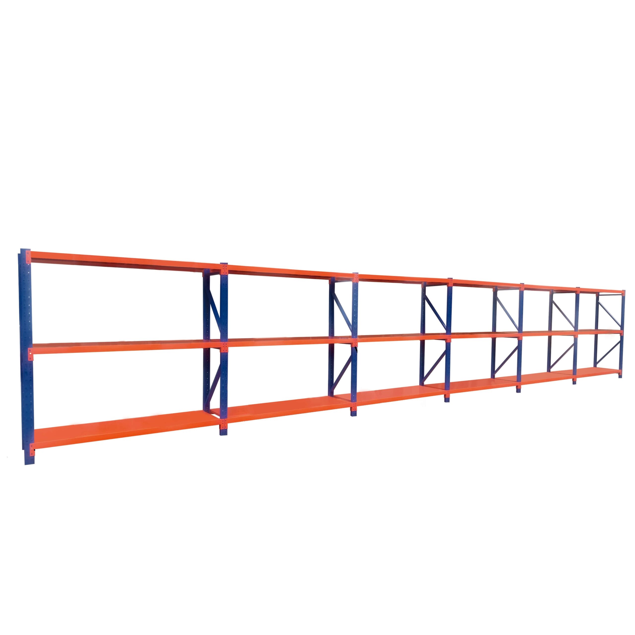 Industrial pallet racking system with blue uprights and orange beams multi-bay warehouse storage shelving for heavy-duty metal organizer