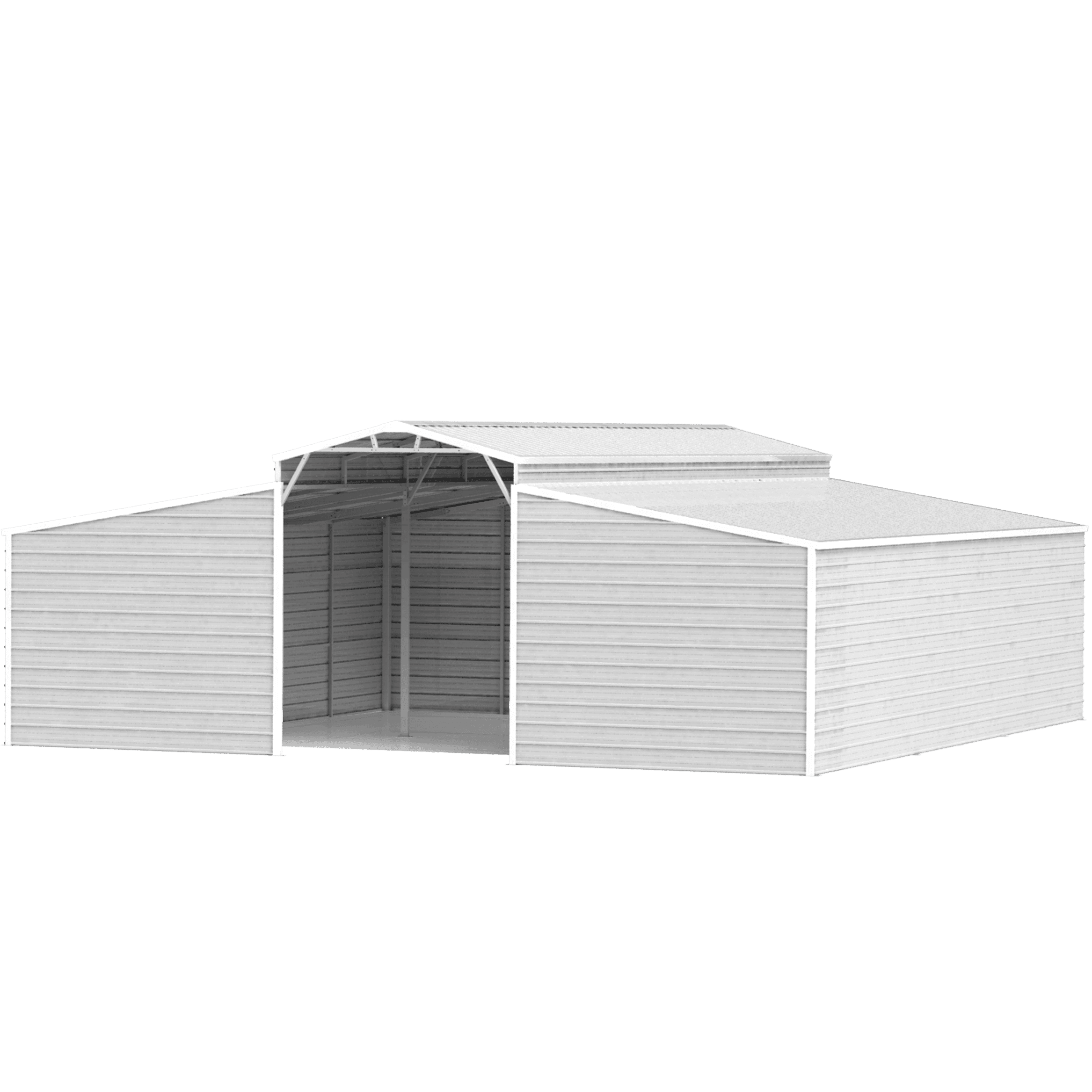 White metal storage shed with a pitched roof on a black background