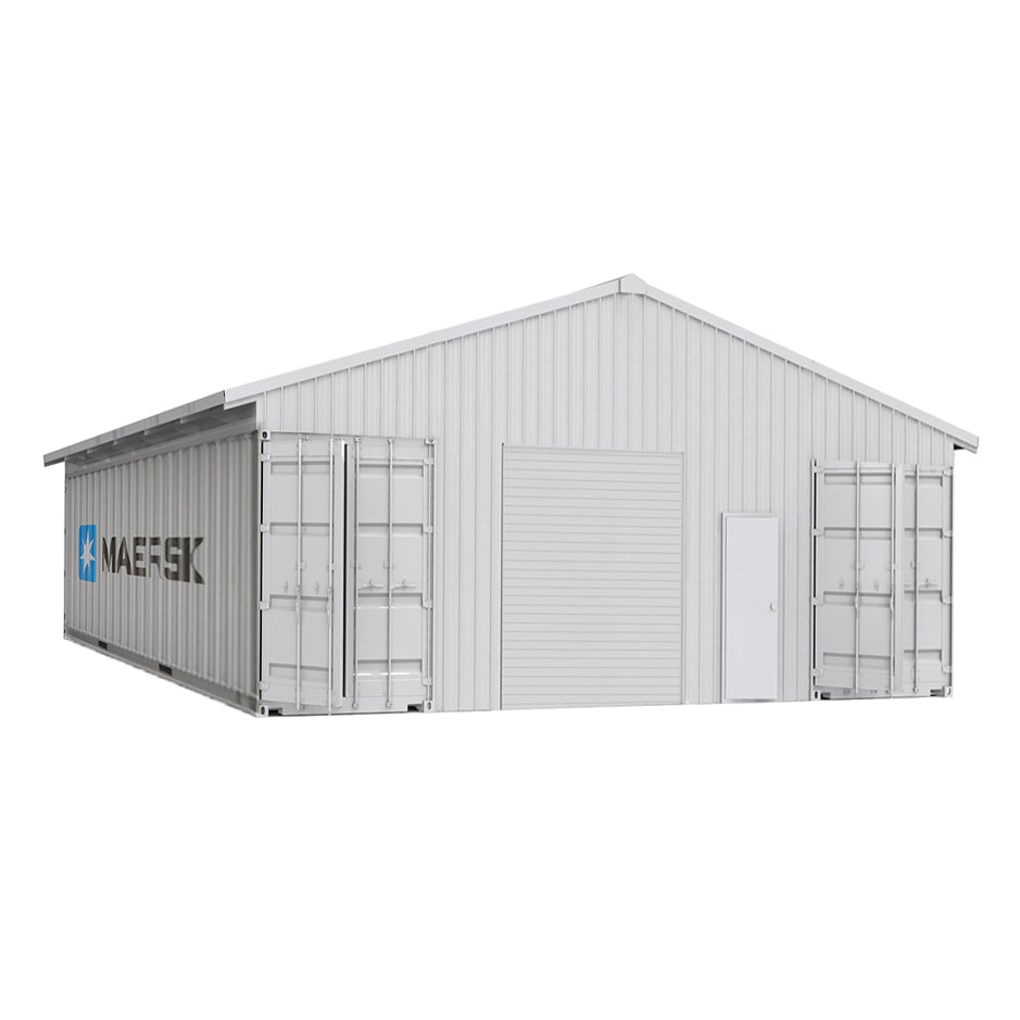 Metal storage building with 'NAFES' branding on a white background