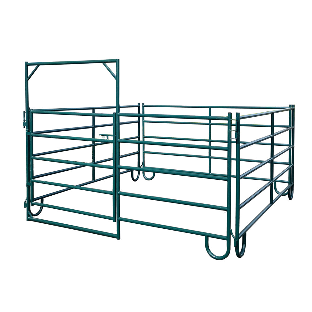 10-foot powder coated green corral panels with gate assembly for livestock fencing horse and cattle enclosure system