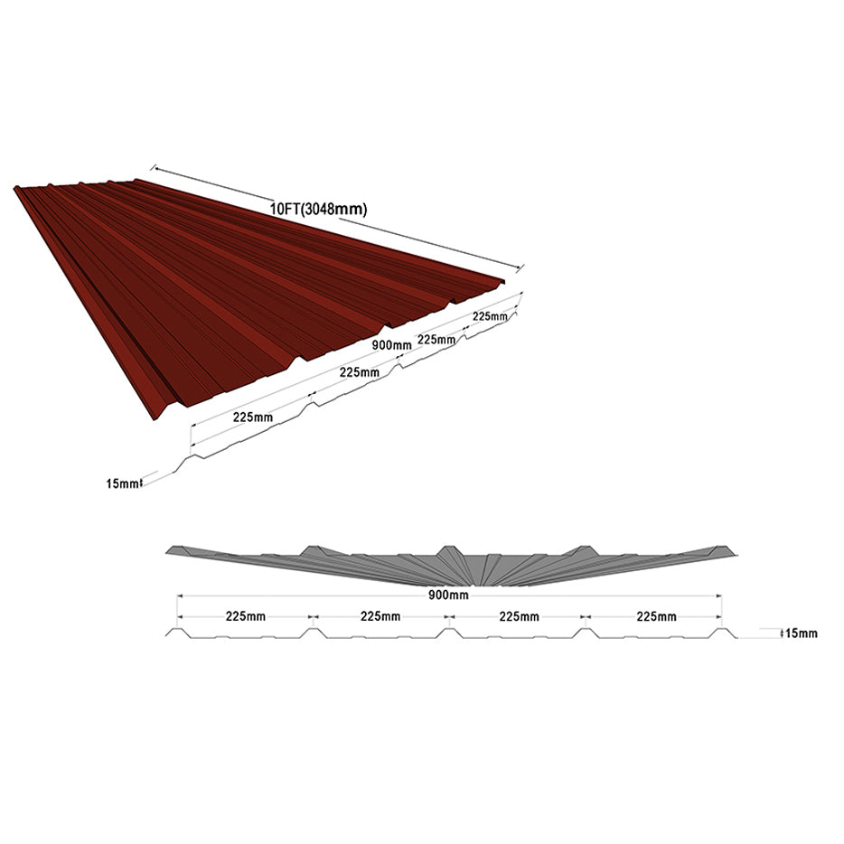 Technical diagram of a red roof with measurements on a white background