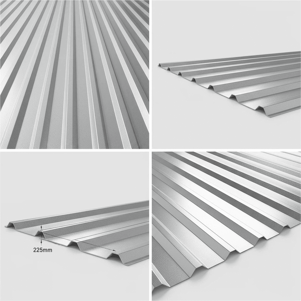 Collage of metal roofing panels with different angles and perspectives.