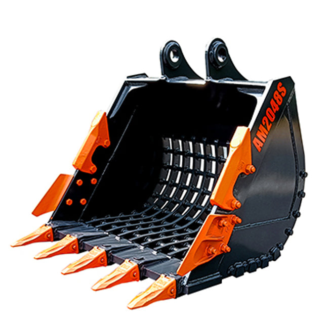 Black and orange excavator bucket on a white background