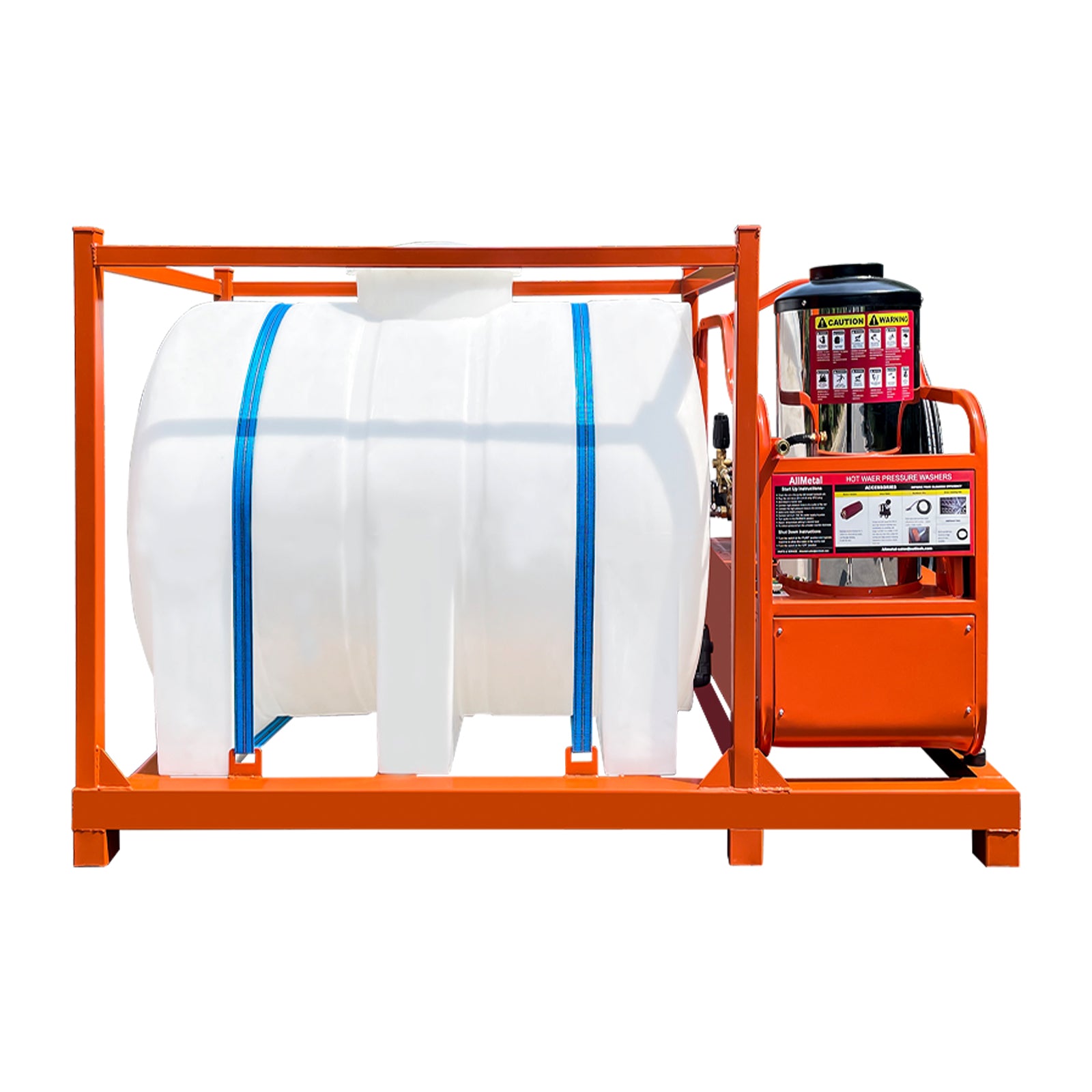 Orange industrial cart with a large white container and a pump on a white background
