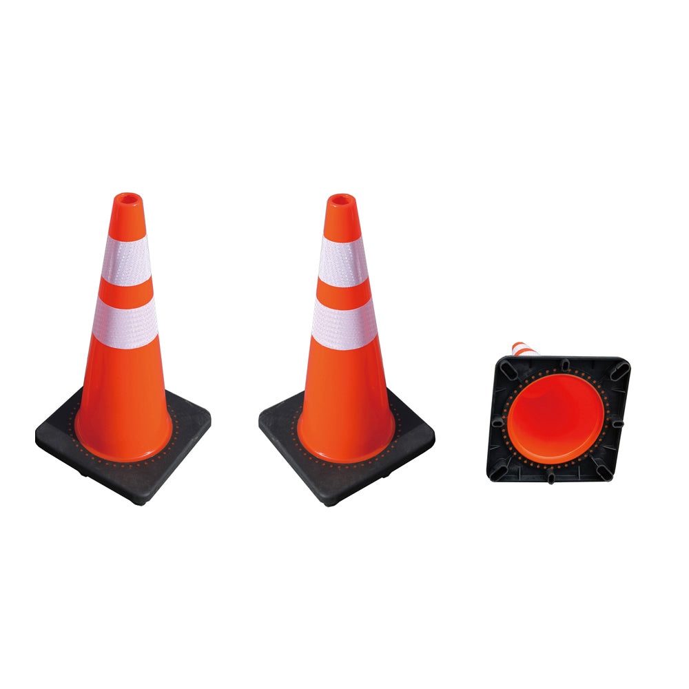 Two traffic cones with black bases and a reflective strip, alongside a square reflector on a white background.
