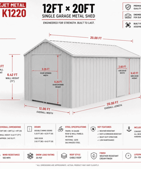 Durable 12x20 metal garage shed with double doors and weather-resistant finish.