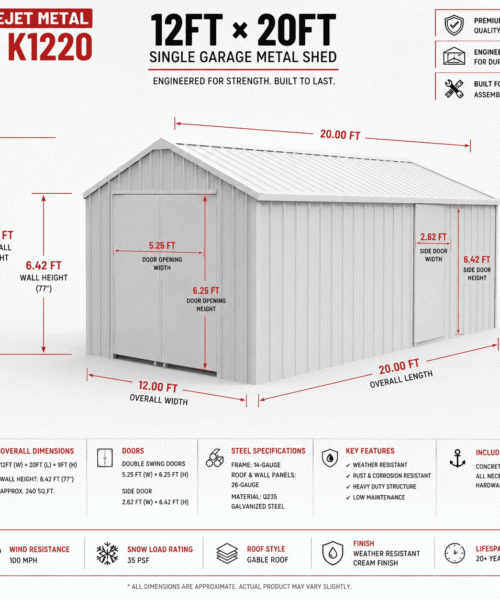 Durable 12x20 metal garage shed with double doors and weather-resistant finish.
