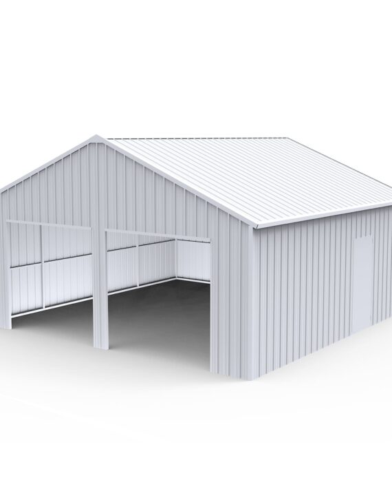 Metallic gray metal shed with a slanted roof on a white background