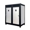 Black metal storage locker with white doors on a white background