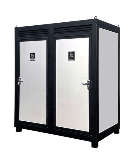 Black metal storage locker with white doors on a white background