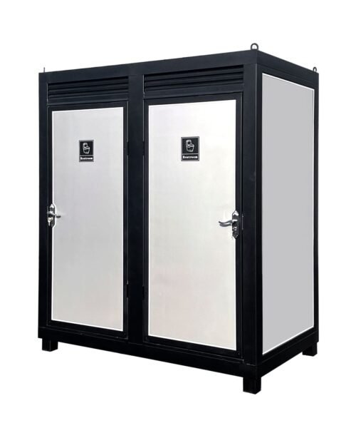 Black metal storage locker with white doors on a white background