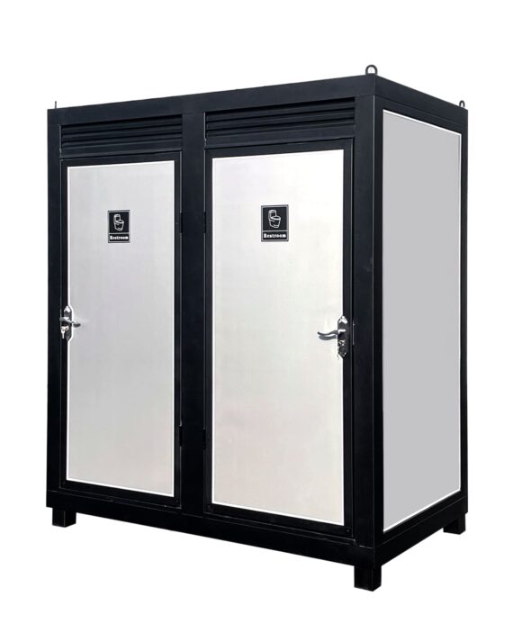 Black metal storage locker with white doors on a white background