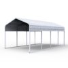 Metal carport structure with a gray roof and white walls on a white background