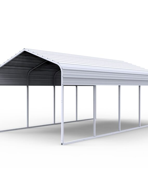 Metal carport structure with a gray roof and white walls on a white background