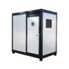 Portable shower cabin with black frame and white interior on a white background