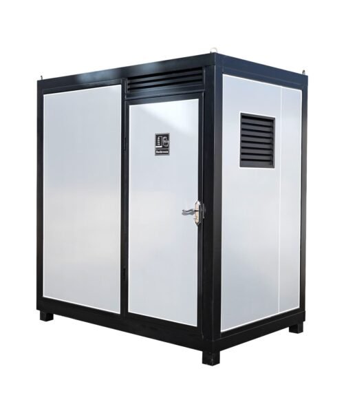 Portable shower cabin with black frame and white interior on a white background