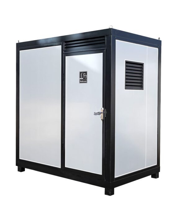 Portable shower cabin with black frame and white interior on a white background