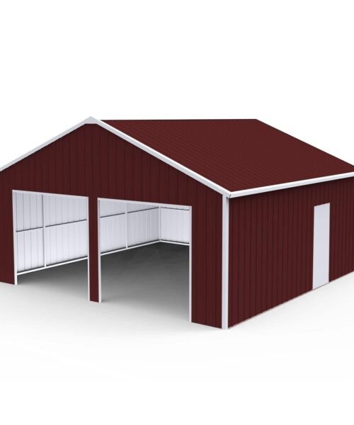 Red metal barn with white trim on a white background