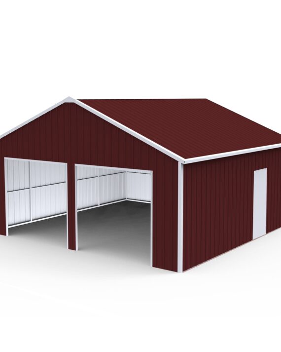 Red metal barn with white trim on a white background