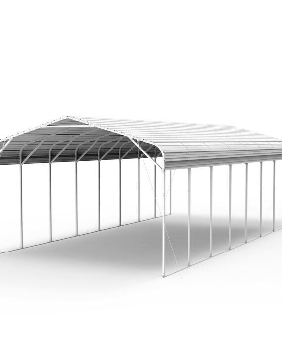 Metal carport structure with a gray roof on a white background