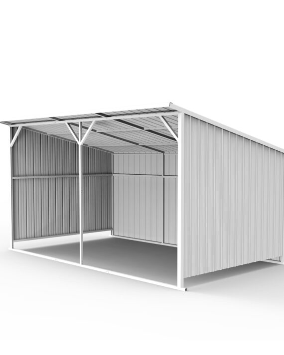 Metal storage shed with a slanted roof on a white background