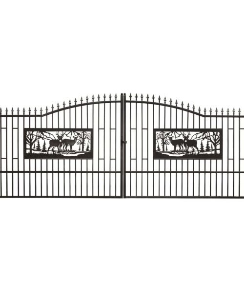 Black metal gate with deer and landscape design on a white background