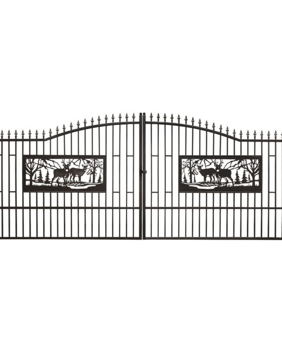 Black metal gate with deer and landscape design on a white background