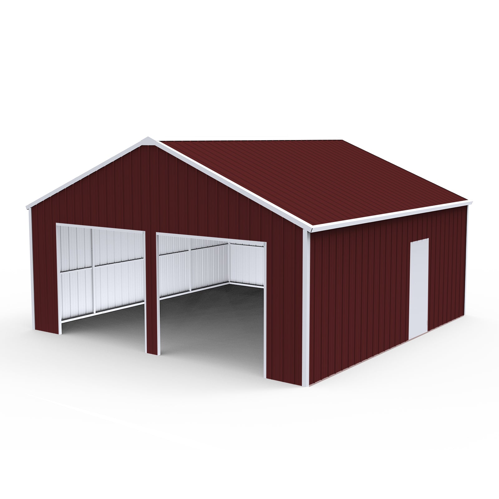 Red metal barn with white doors on a white background