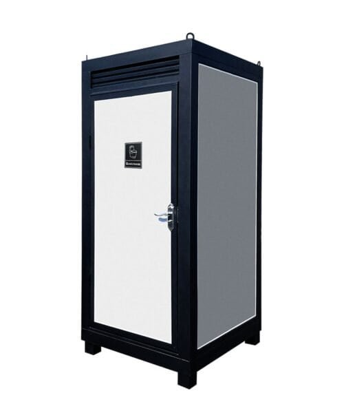 Black and white cabinet with a visible brand logo on a white background