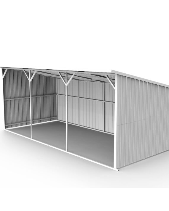 Metal storage shed with a slanted roof on a white background