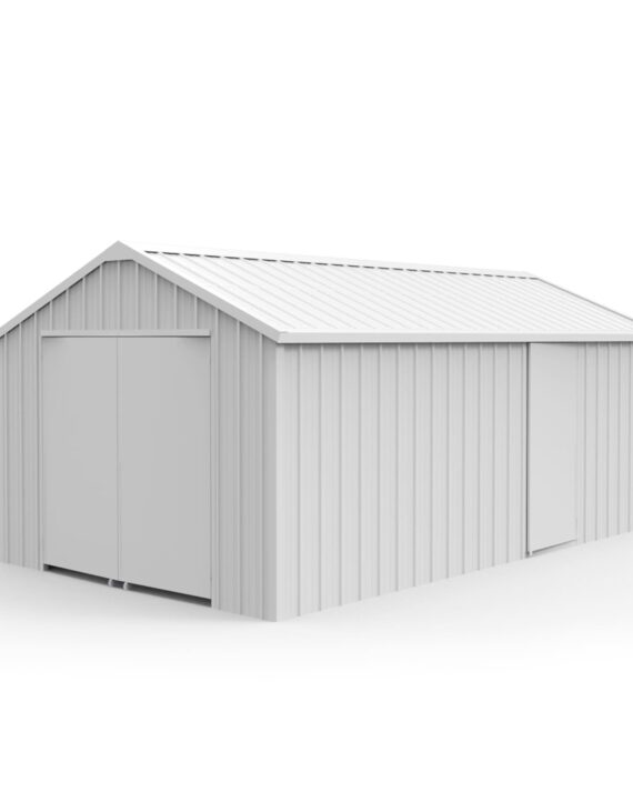 Metal storage shed with a white roof on a white background