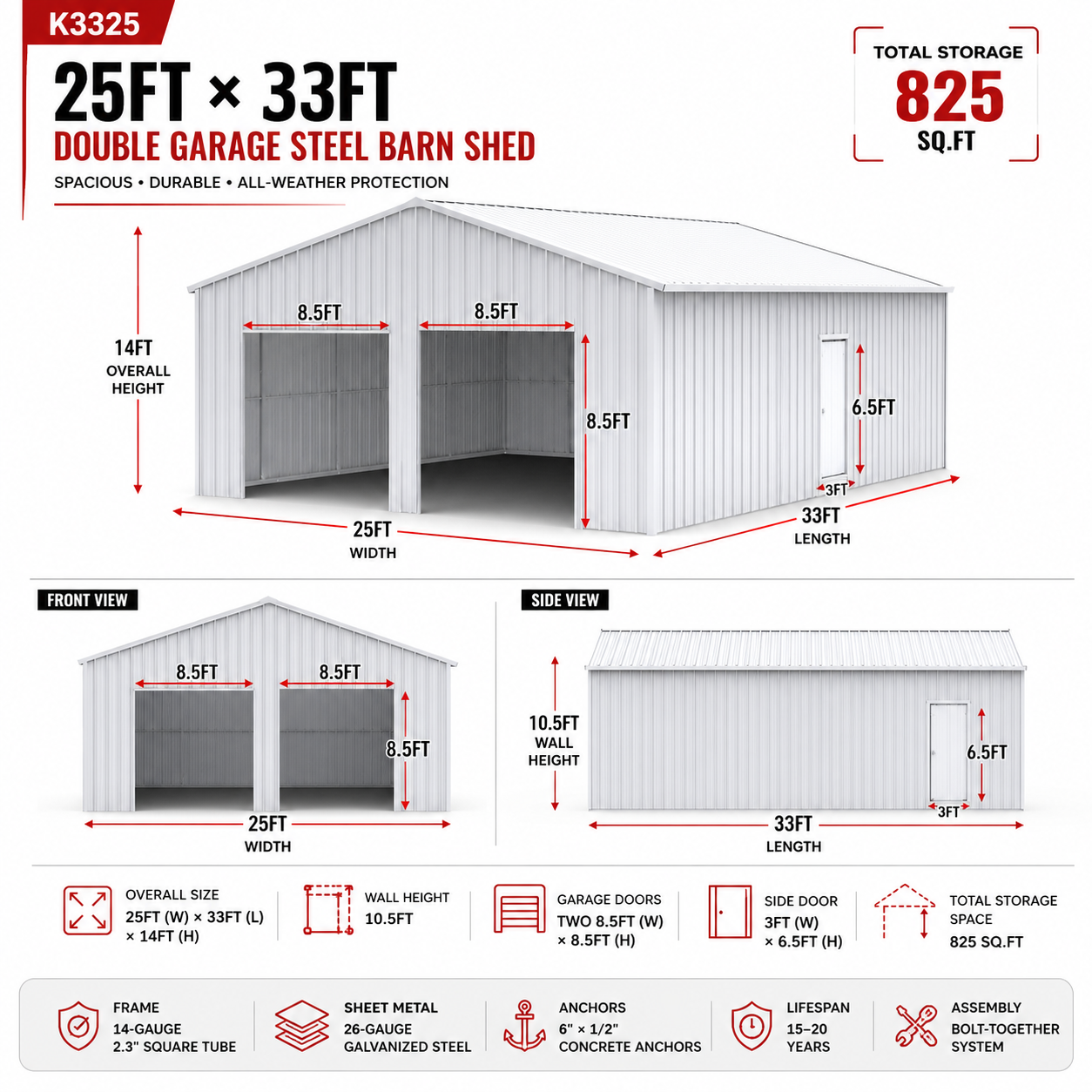 33FT x 25FT Metal Garage Barn – Reinforced Steel Structure - Image 2