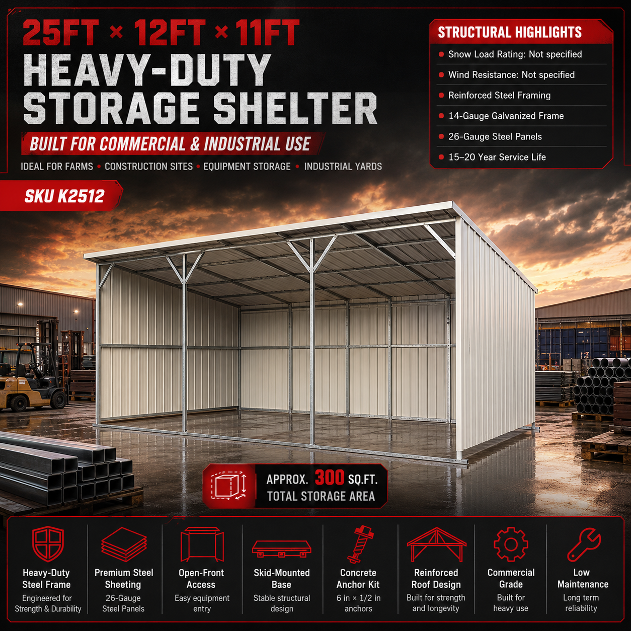 25ft x 12ft steel farm shed for industrial and commercial use.