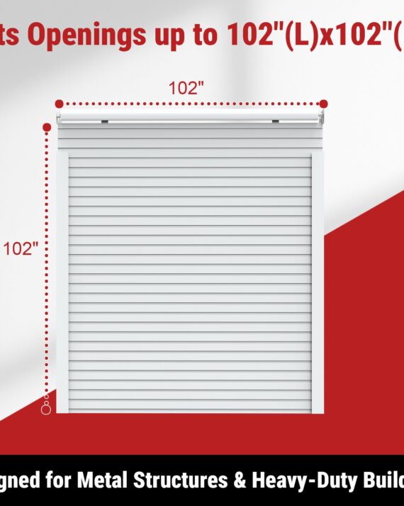 Roll-up window blind with dimensions and text about size and application.