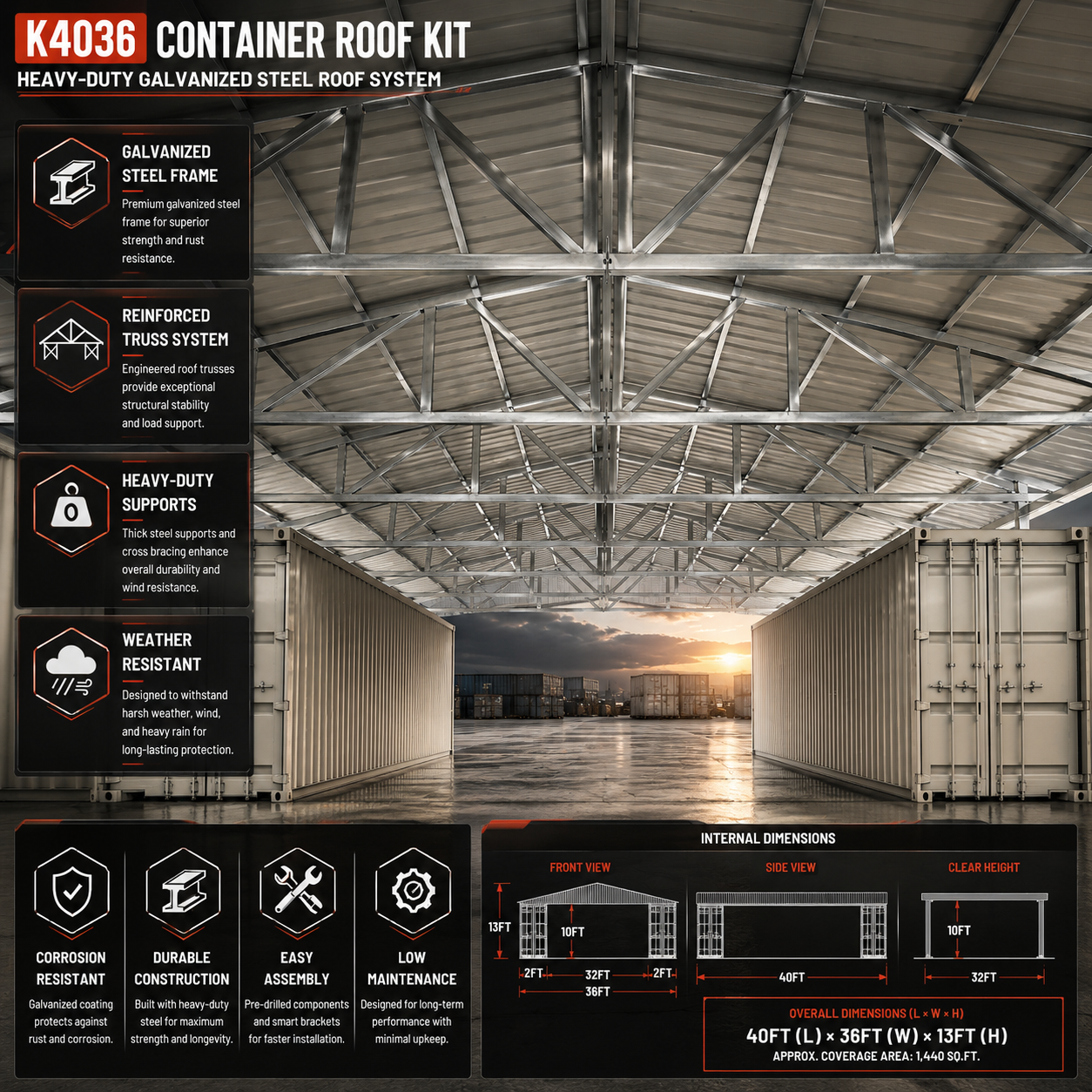 40FT x 36FT Container Roof Kit – Heavy-Duty Steel Shelter (No Containers) - Image 4