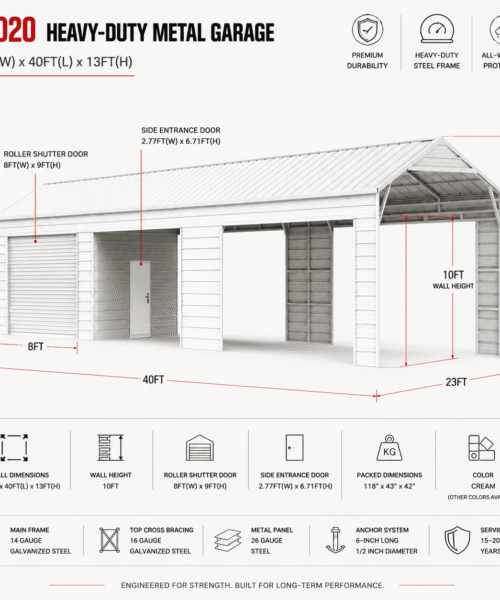 Large steel garage with side entrance and roller shutter door for storage.